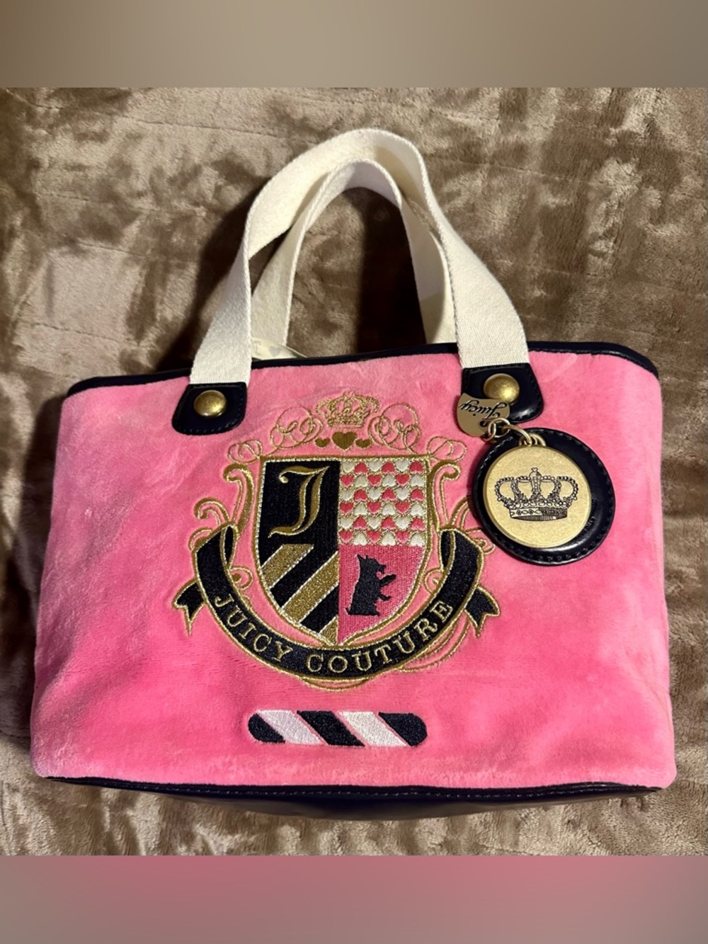 Vintage Juicy Couture Pink Velour Scottie Dog Crest Mini Tote Bag Y2K Rare